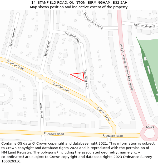 14, STANFIELD ROAD, QUINTON, BIRMINGHAM, B32 2AH: Location map and indicative extent of plot