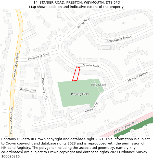 14, STANIER ROAD, PRESTON, WEYMOUTH, DT3 6PD: Location map and indicative extent of plot