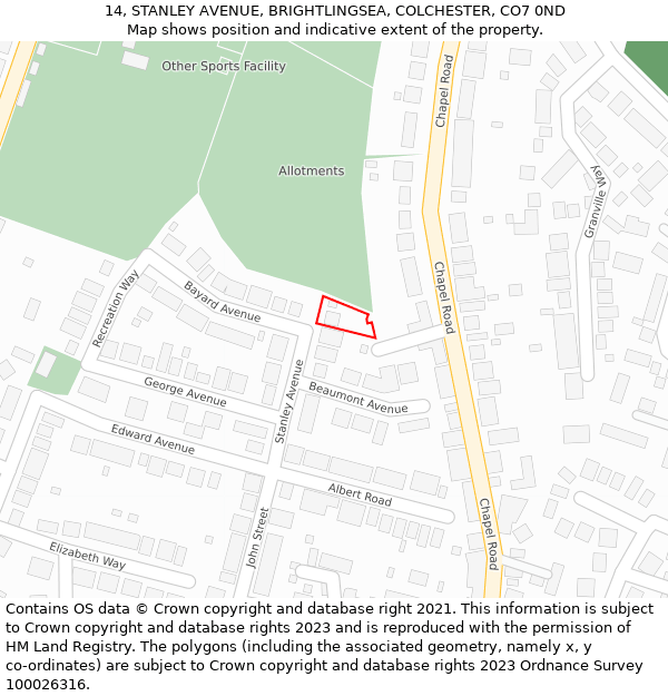 14, STANLEY AVENUE, BRIGHTLINGSEA, COLCHESTER, CO7 0ND: Location map and indicative extent of plot