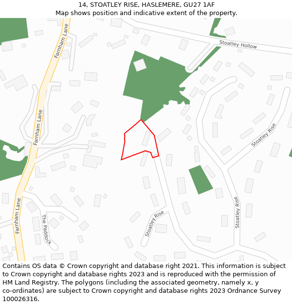 14, STOATLEY RISE, HASLEMERE, GU27 1AF: Location map and indicative extent of plot