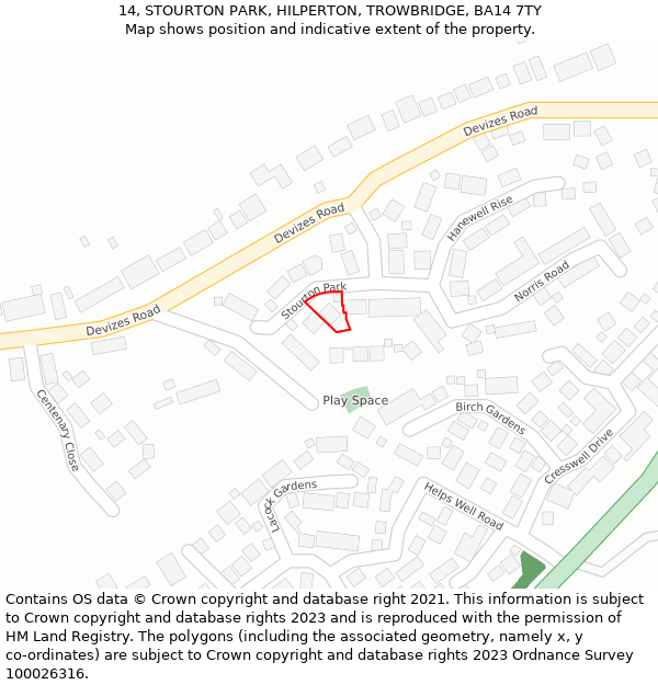 14, STOURTON PARK, HILPERTON, TROWBRIDGE, BA14 7TY: Location map and indicative extent of plot