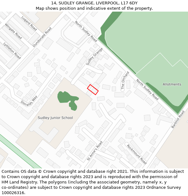 14, SUDLEY GRANGE, LIVERPOOL, L17 6DY: Location map and indicative extent of plot