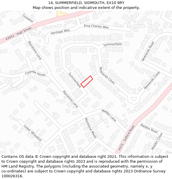 14, SUMMERFIELD, SIDMOUTH, EX10 9RY: Location map and indicative extent of plot