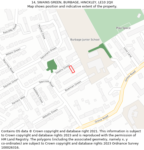 14, SWAINS GREEN, BURBAGE, HINCKLEY, LE10 2QX: Location map and indicative extent of plot