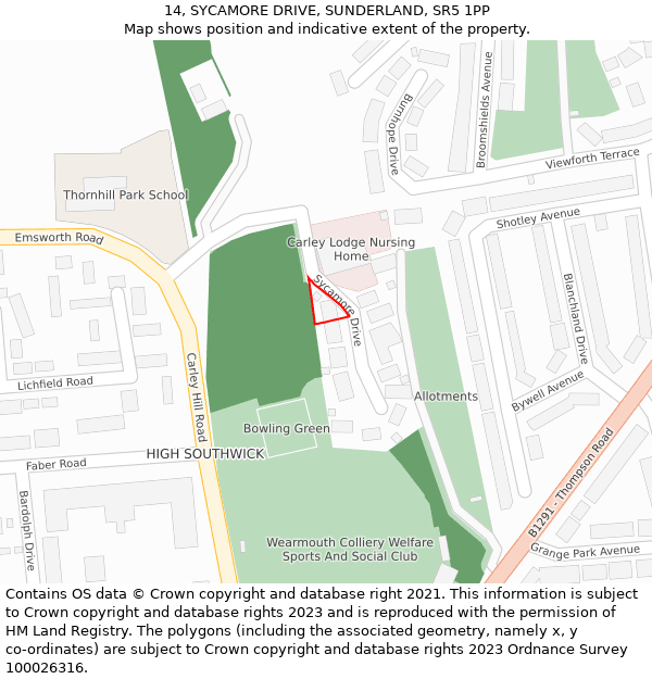 14, SYCAMORE DRIVE, SUNDERLAND, SR5 1PP: Location map and indicative extent of plot