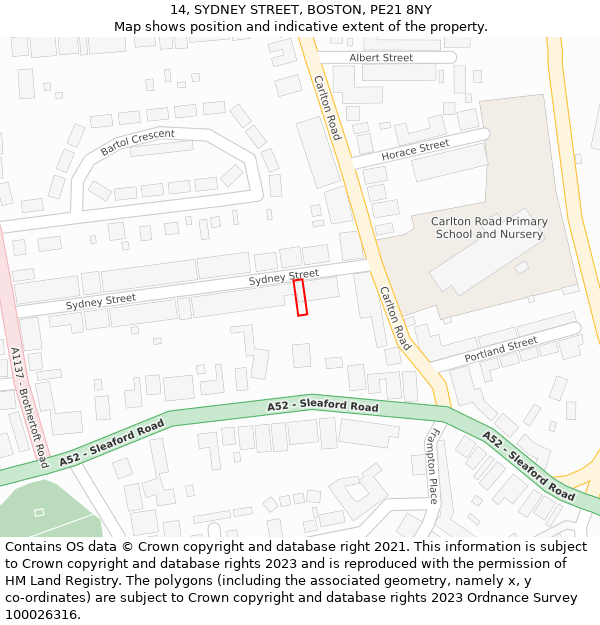 14, SYDNEY STREET, BOSTON, PE21 8NY: Location map and indicative extent of plot