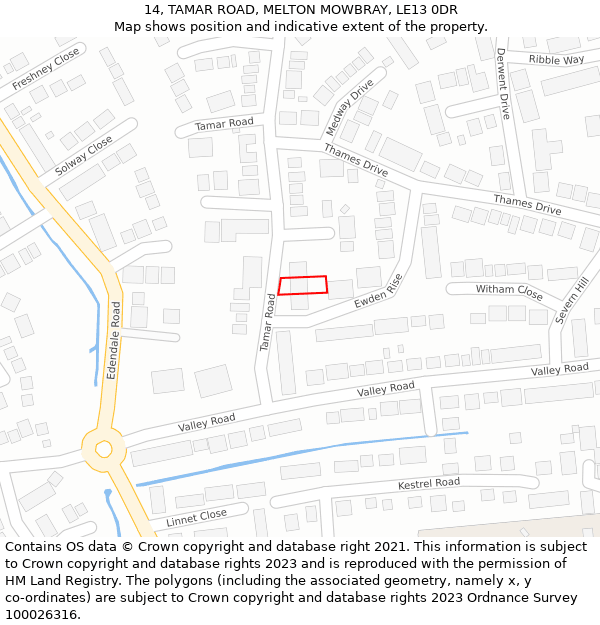 14, TAMAR ROAD, MELTON MOWBRAY, LE13 0DR: Location map and indicative extent of plot