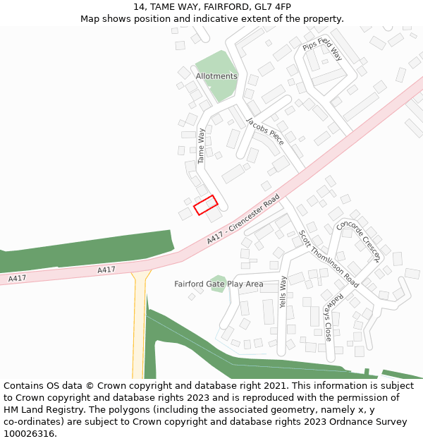 14, TAME WAY, FAIRFORD, GL7 4FP: Location map and indicative extent of plot