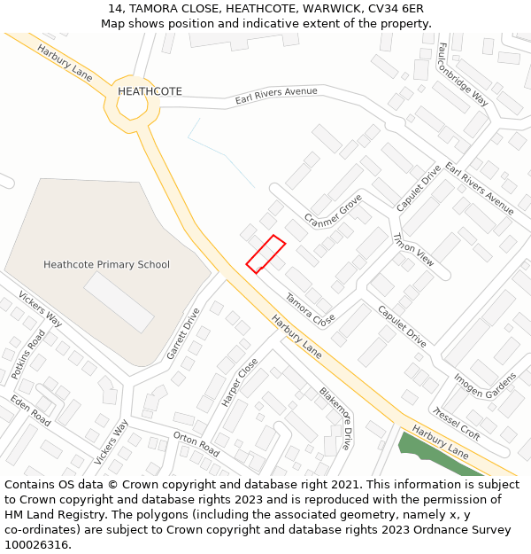 14, TAMORA CLOSE, HEATHCOTE, WARWICK, CV34 6ER: Location map and indicative extent of plot