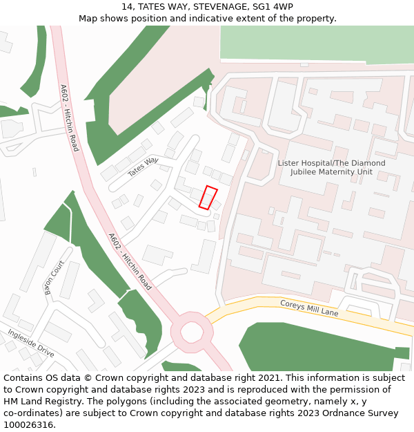 14, TATES WAY, STEVENAGE, SG1 4WP: Location map and indicative extent of plot