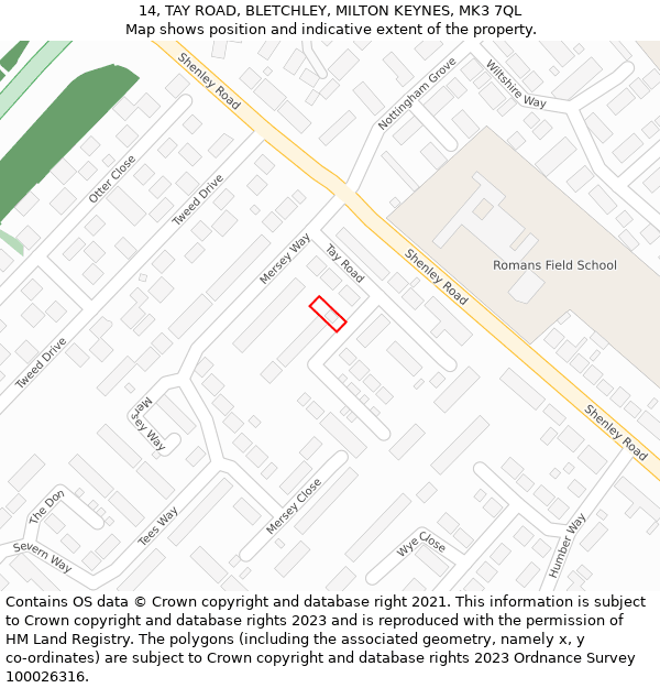 14, TAY ROAD, BLETCHLEY, MILTON KEYNES, MK3 7QL: Location map and indicative extent of plot