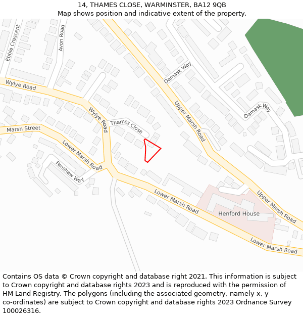 14, THAMES CLOSE, WARMINSTER, BA12 9QB: Location map and indicative extent of plot