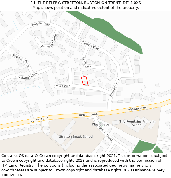 14, THE BELFRY, STRETTON, BURTON-ON-TRENT, DE13 0XS: Location map and indicative extent of plot