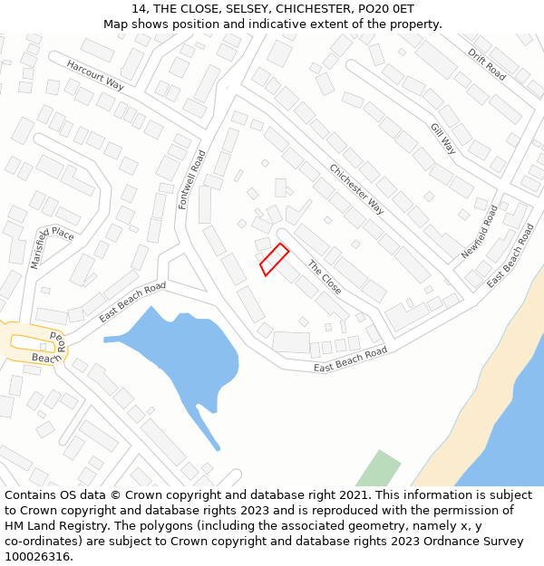 14, THE CLOSE, SELSEY, CHICHESTER, PO20 0ET: Location map and indicative extent of plot