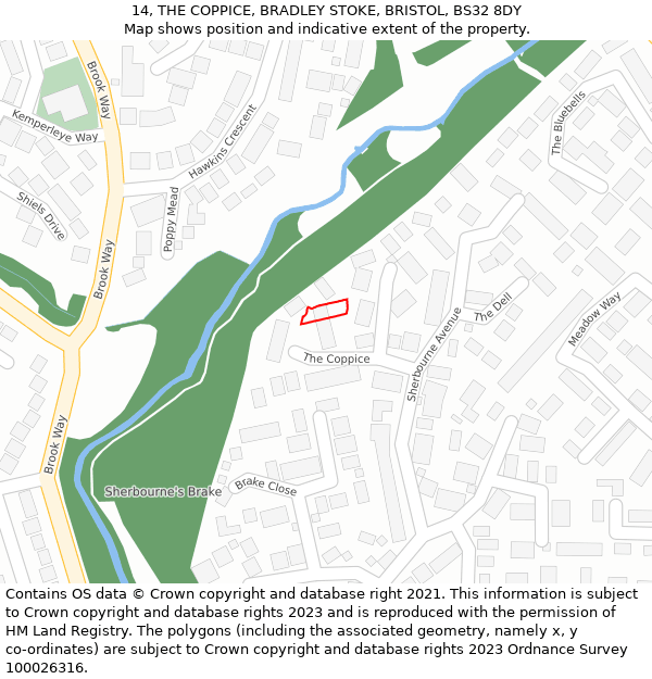 14, THE COPPICE, BRADLEY STOKE, BRISTOL, BS32 8DY: Location map and indicative extent of plot