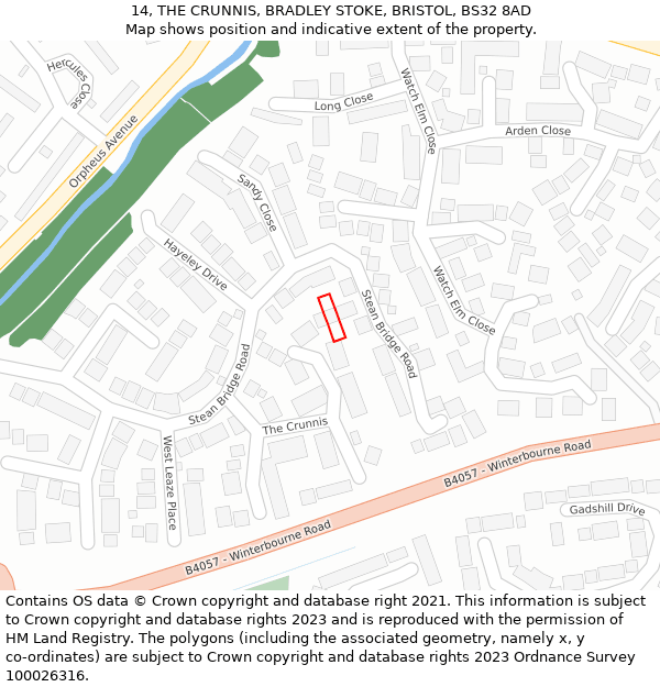 14, THE CRUNNIS, BRADLEY STOKE, BRISTOL, BS32 8AD: Location map and indicative extent of plot