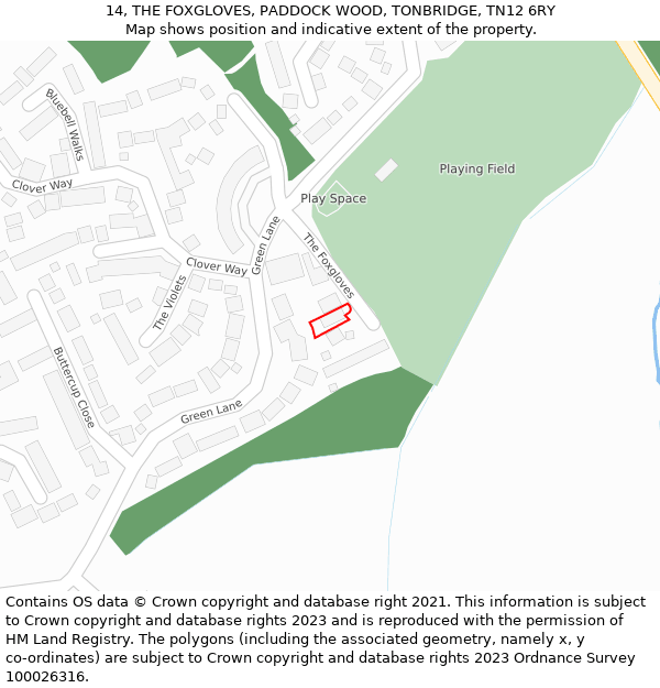 14, THE FOXGLOVES, PADDOCK WOOD, TONBRIDGE, TN12 6RY: Location map and indicative extent of plot