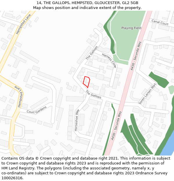 14, THE GALLOPS, HEMPSTED, GLOUCESTER, GL2 5GB: Location map and indicative extent of plot