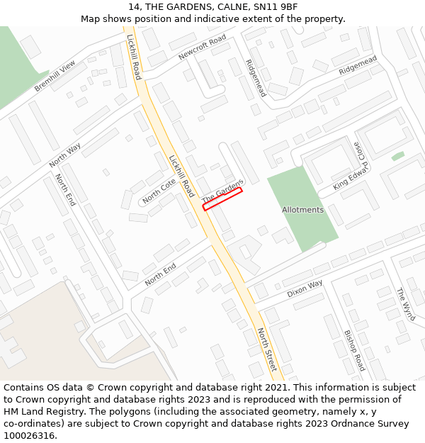 14, THE GARDENS, CALNE, SN11 9BF: Location map and indicative extent of plot