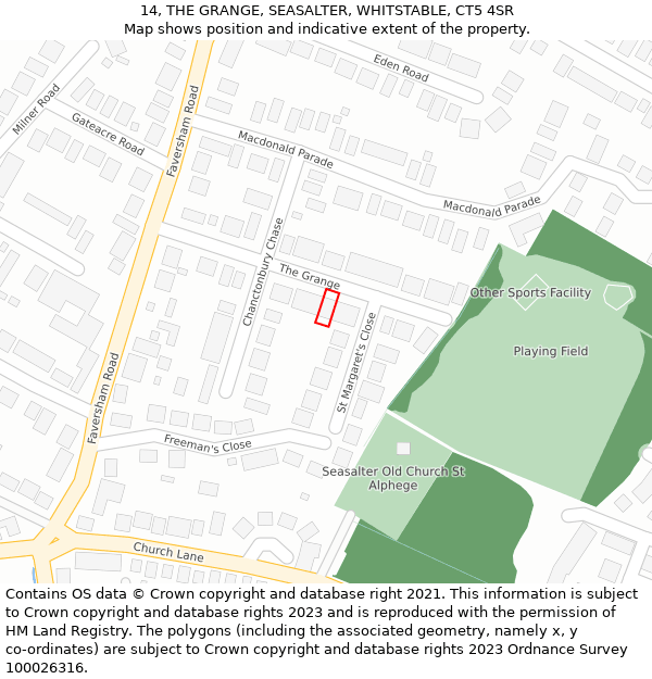 14, THE GRANGE, SEASALTER, WHITSTABLE, CT5 4SR: Location map and indicative extent of plot