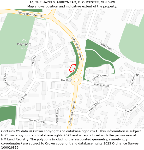 14, THE HAZELS, ABBEYMEAD, GLOUCESTER, GL4 5WN: Location map and indicative extent of plot