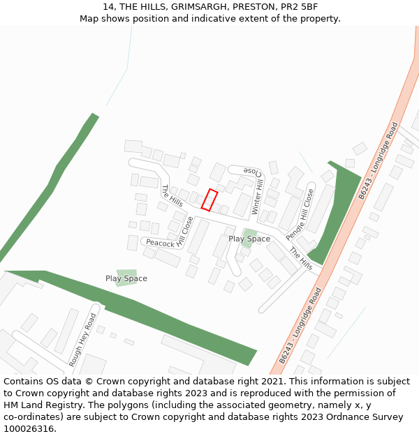 14, THE HILLS, GRIMSARGH, PRESTON, PR2 5BF: Location map and indicative extent of plot