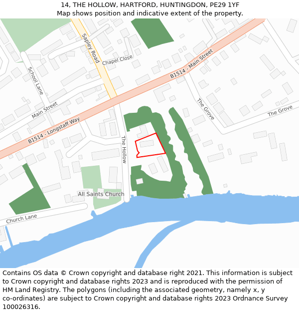 14, THE HOLLOW, HARTFORD, HUNTINGDON, PE29 1YF: Location map and indicative extent of plot