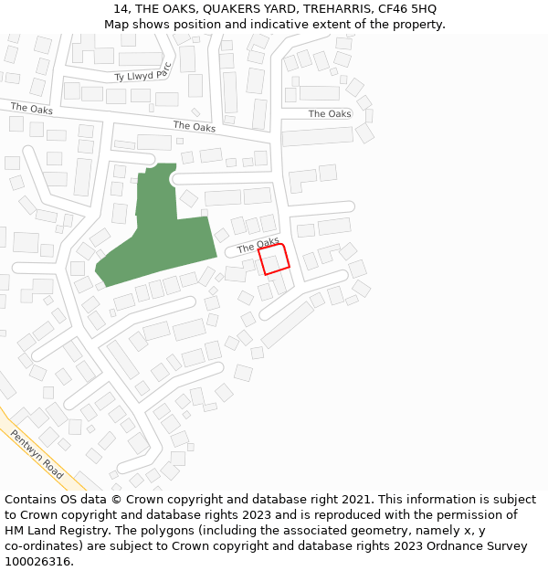 14, THE OAKS, QUAKERS YARD, TREHARRIS, CF46 5HQ: Location map and indicative extent of plot