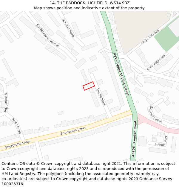 14, THE PADDOCK, LICHFIELD, WS14 9BZ: Location map and indicative extent of plot