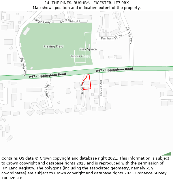 14, THE PINES, BUSHBY, LEICESTER, LE7 9RX: Location map and indicative extent of plot