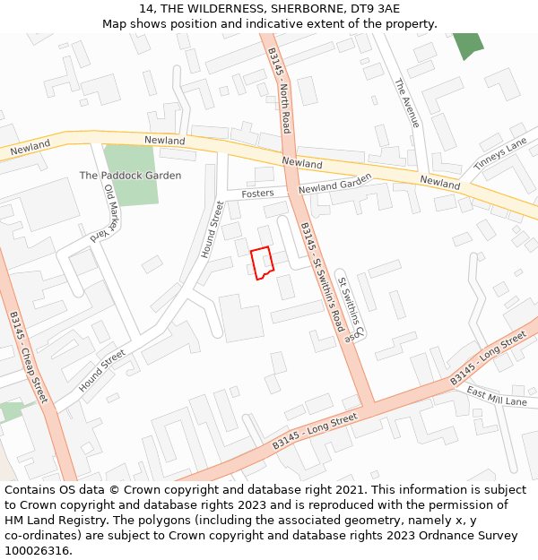 14, THE WILDERNESS, SHERBORNE, DT9 3AE: Location map and indicative extent of plot