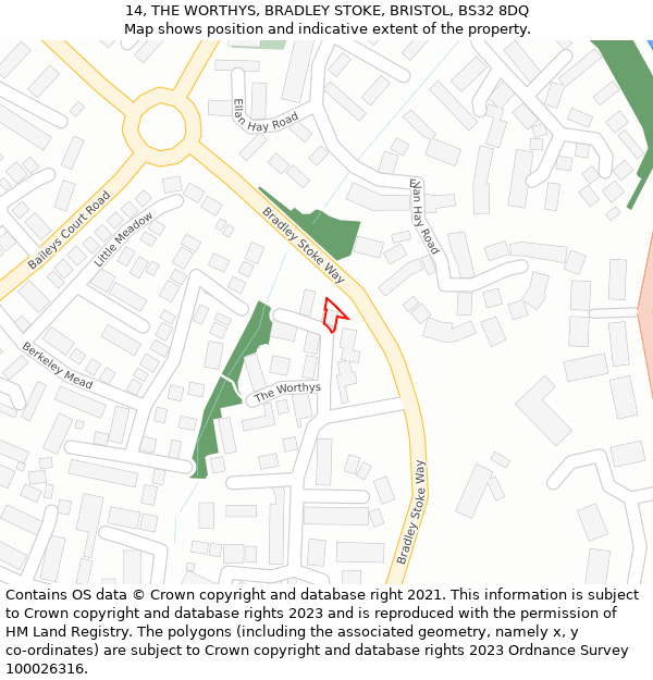 14, THE WORTHYS, BRADLEY STOKE, BRISTOL, BS32 8DQ: Location map and indicative extent of plot