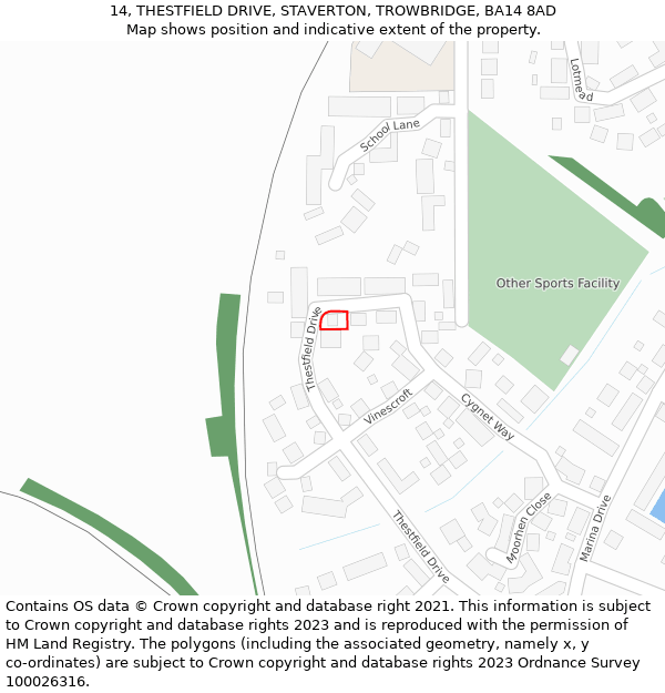 14, THESTFIELD DRIVE, STAVERTON, TROWBRIDGE, BA14 8AD: Location map and indicative extent of plot