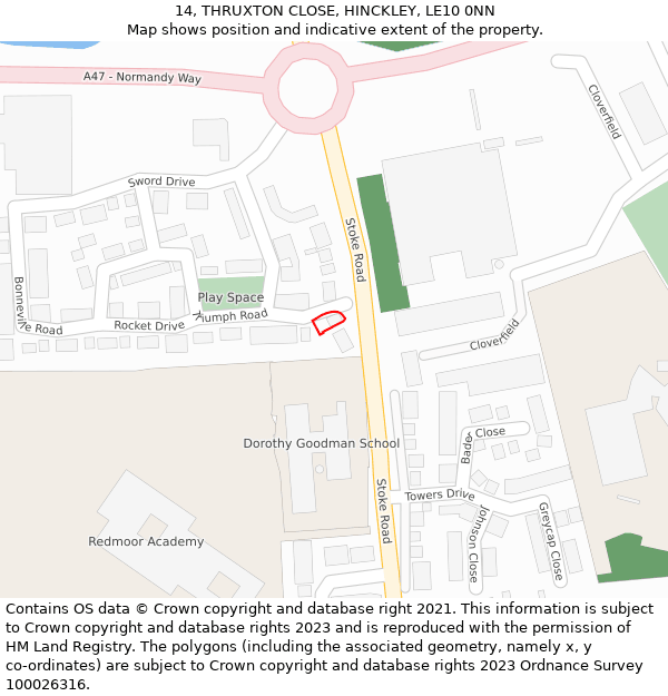 14, THRUXTON CLOSE, HINCKLEY, LE10 0NN: Location map and indicative extent of plot