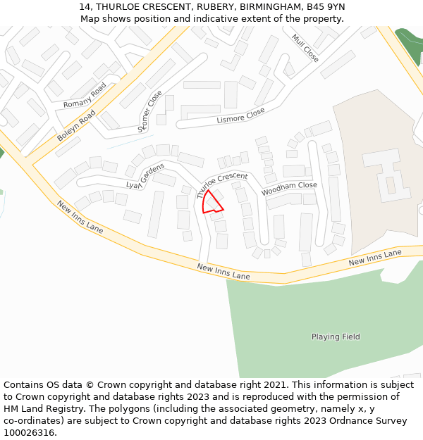 14, THURLOE CRESCENT, RUBERY, BIRMINGHAM, B45 9YN: Location map and indicative extent of plot