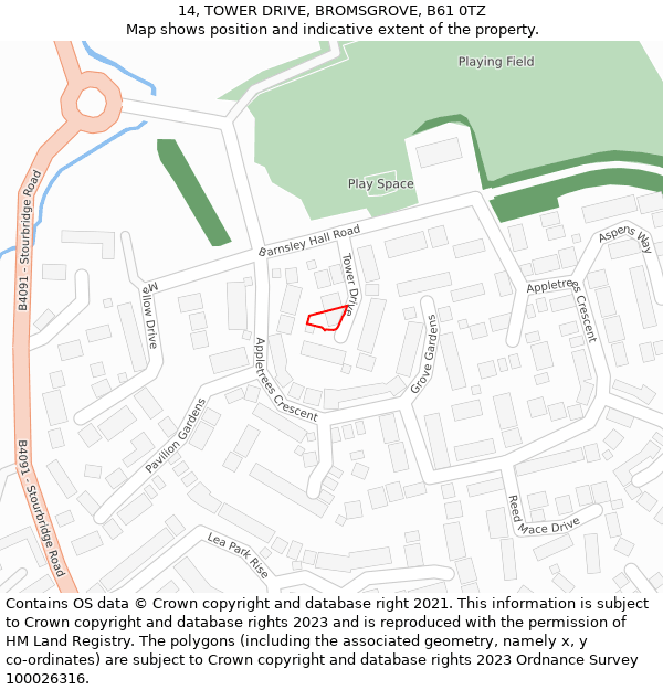 14, TOWER DRIVE, BROMSGROVE, B61 0TZ: Location map and indicative extent of plot