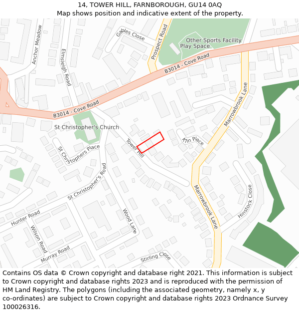 14, TOWER HILL, FARNBOROUGH, GU14 0AQ: Location map and indicative extent of plot