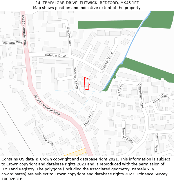 14, TRAFALGAR DRIVE, FLITWICK, BEDFORD, MK45 1EF: Location map and indicative extent of plot