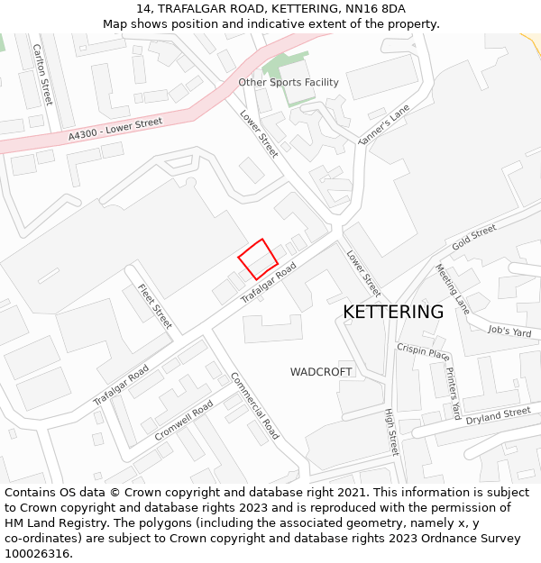 14, TRAFALGAR ROAD, KETTERING, NN16 8DA: Location map and indicative extent of plot