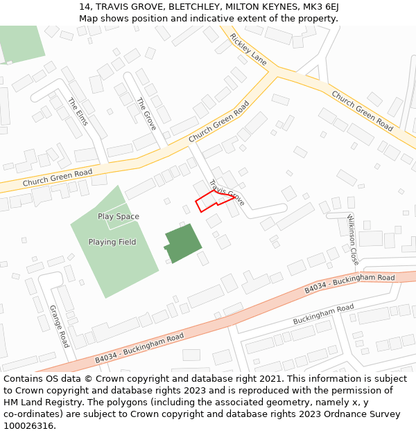 14, TRAVIS GROVE, BLETCHLEY, MILTON KEYNES, MK3 6EJ: Location map and indicative extent of plot