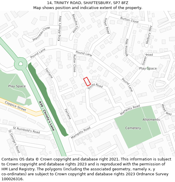 14, TRINITY ROAD, SHAFTESBURY, SP7 8FZ: Location map and indicative extent of plot