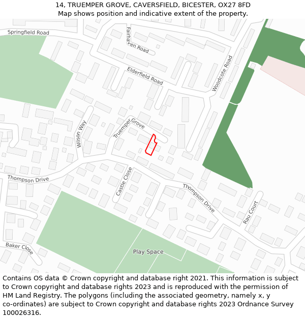 14, TRUEMPER GROVE, CAVERSFIELD, BICESTER, OX27 8FD: Location map and indicative extent of plot