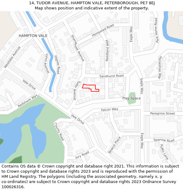 14, TUDOR AVENUE, HAMPTON VALE, PETERBOROUGH, PE7 8EJ: Location map and indicative extent of plot