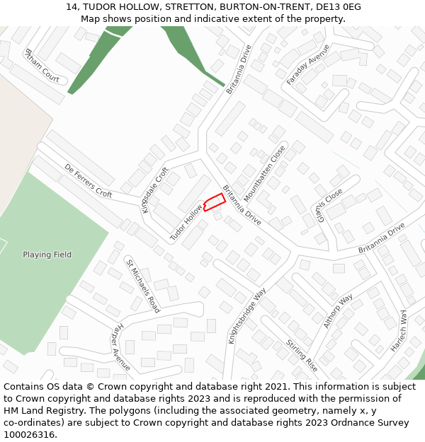 14, TUDOR HOLLOW, STRETTON, BURTON-ON-TRENT, DE13 0EG: Location map and indicative extent of plot