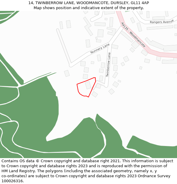 14, TWINBERROW LANE, WOODMANCOTE, DURSLEY, GL11 4AP: Location map and indicative extent of plot