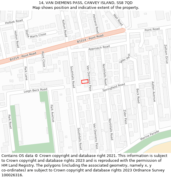 14, VAN DIEMENS PASS, CANVEY ISLAND, SS8 7QD: Location map and indicative extent of plot