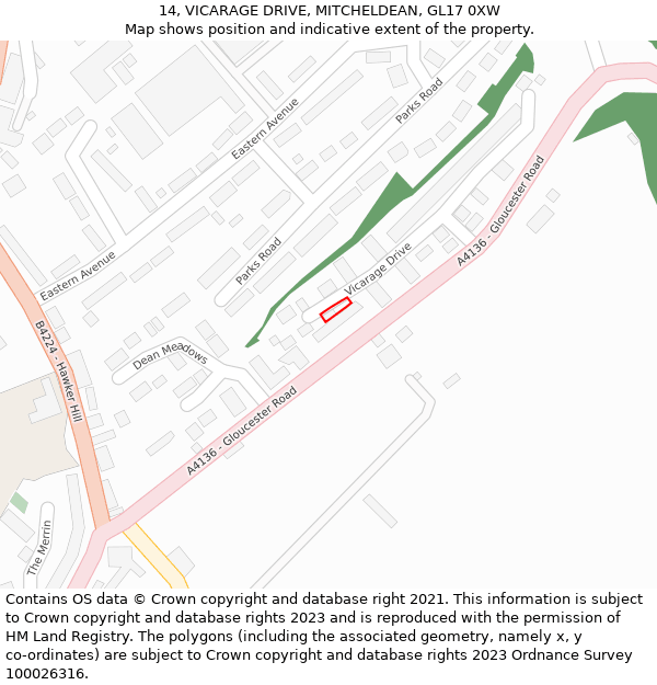 14, VICARAGE DRIVE, MITCHELDEAN, GL17 0XW: Location map and indicative extent of plot