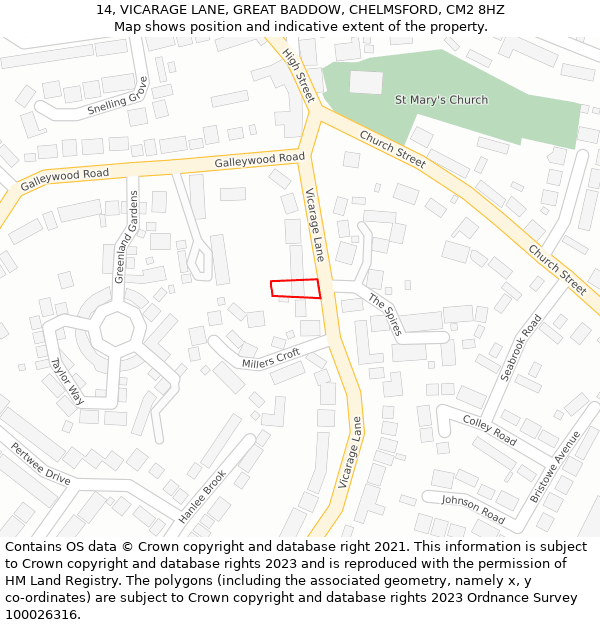 14, VICARAGE LANE, GREAT BADDOW, CHELMSFORD, CM2 8HZ: Location map and indicative extent of plot