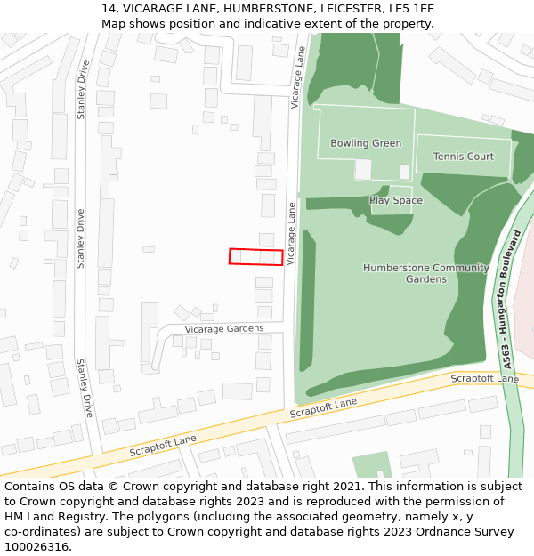 14, VICARAGE LANE, HUMBERSTONE, LEICESTER, LE5 1EE: Location map and indicative extent of plot