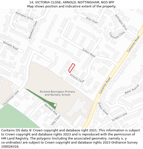 14, VICTORIA CLOSE, ARNOLD, NOTTINGHAM, NG5 8FP: Location map and indicative extent of plot